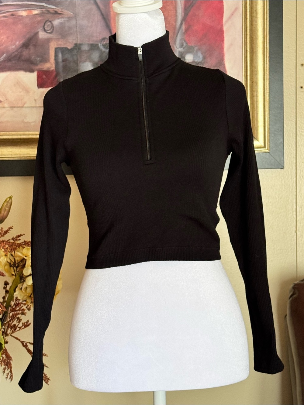 No Boundaries Black Ribbed Half-Zip Long Sleeve Crop Top